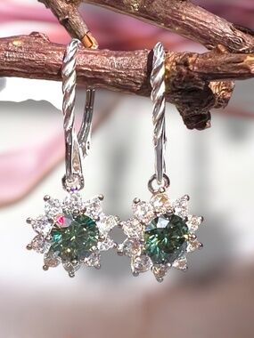 2 Carats Total Weight Green Moissanite Flower Earrings Sterling Silver Certified